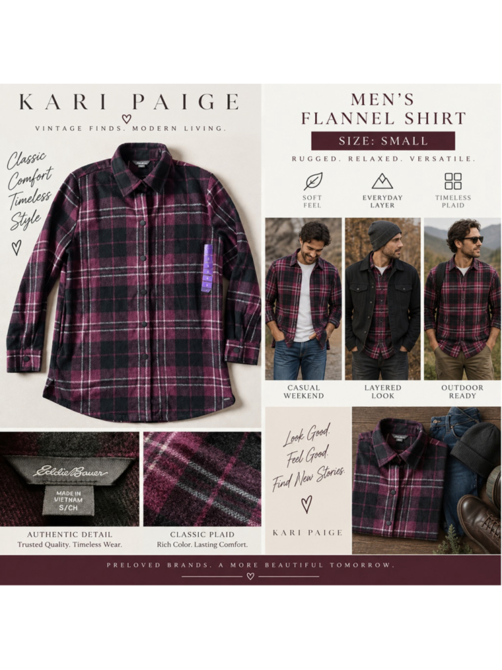 Men's Eddie Bauer Casual Plaid Flannel Shirt, Size S, Black and Burgundy F26